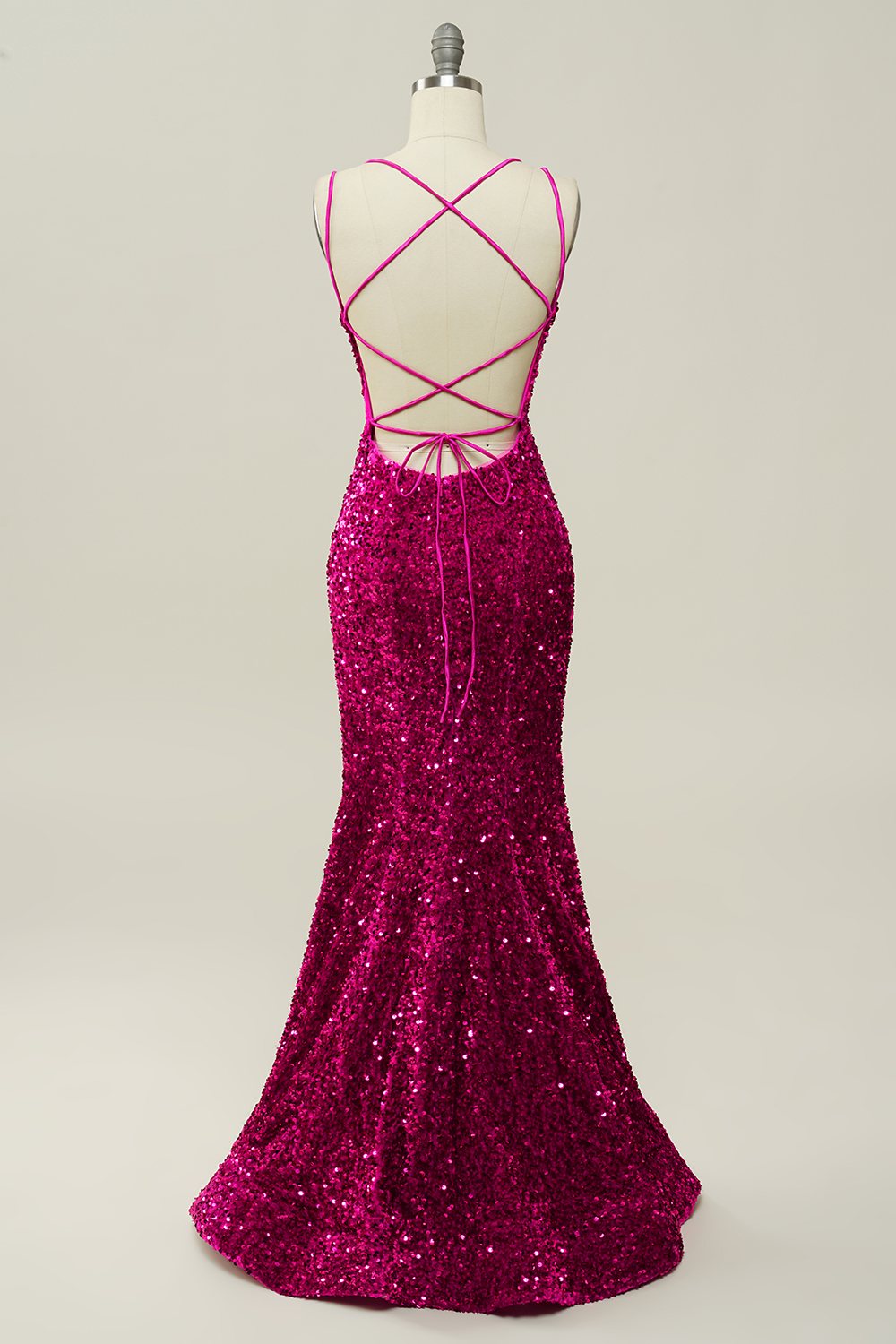 Hot Pink Paljett Spaghetti Stropper Havfrue Prom Kjole med Lace-up Back