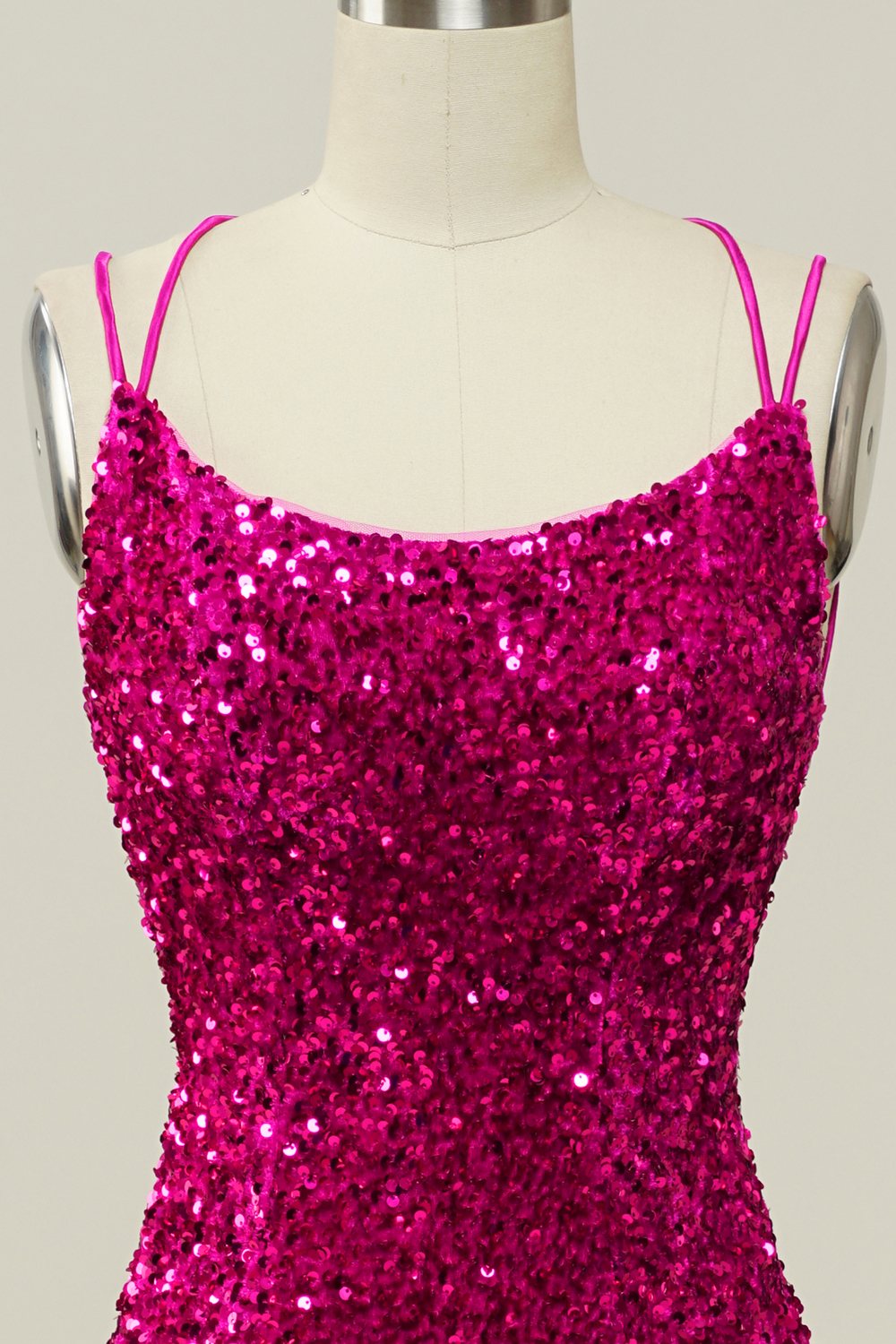 Hot Pink Paljett Spaghetti Stropper Havfrue Prom Kjole med Lace-up Back