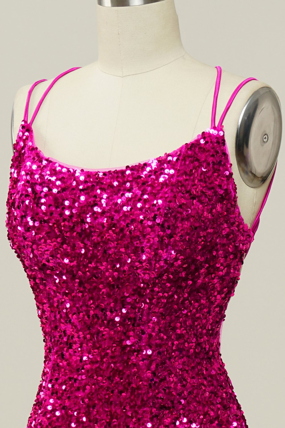 Hot Pink Paljett Spaghetti Stropper Havfrue Prom Kjole med Lace-up Back