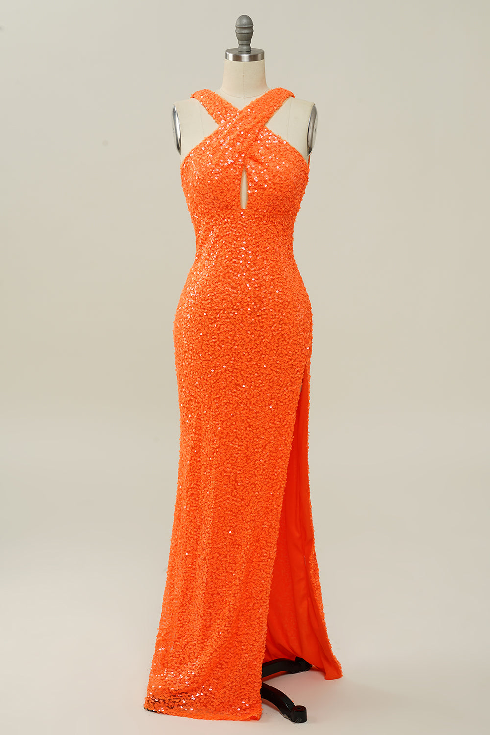 Orange Halter paljett Backless Mermaid Prom kjole