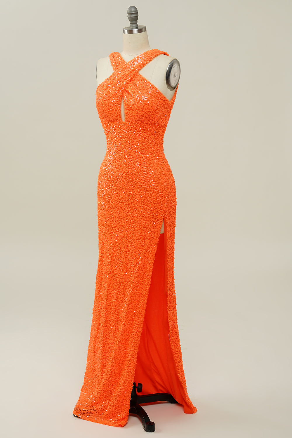 Orange Halter paljett Backless Mermaid Prom kjole