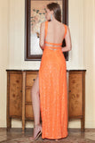 Sheath Halter Orange Paljetter Long Prom Kjole med åpen rygg