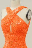 Orange Halter paljett Backless Mermaid Prom kjole