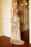 Luksuriøs havfrue Deep V Neck Golden Long Prom kjole med Silt