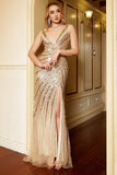 Luksuriøs havfrue Deep V Neck Golden Long Prom kjole med Silt