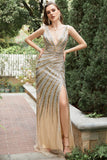 Havfrue Deep V Neck Golden Beading Long Prom kjole med Split Front