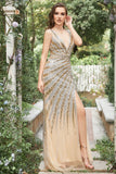 Havfrue Deep V Neck Golden Beading Long Prom kjole med Split Front