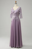 Grey Purple Chiffon Mor til bruden kjole med blonder