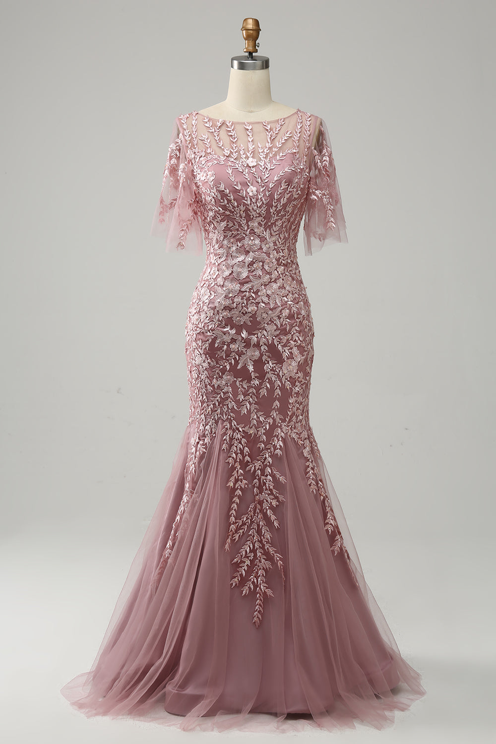 Grey Pink Mermaid Tulle Mor til bruden kjole med blonder