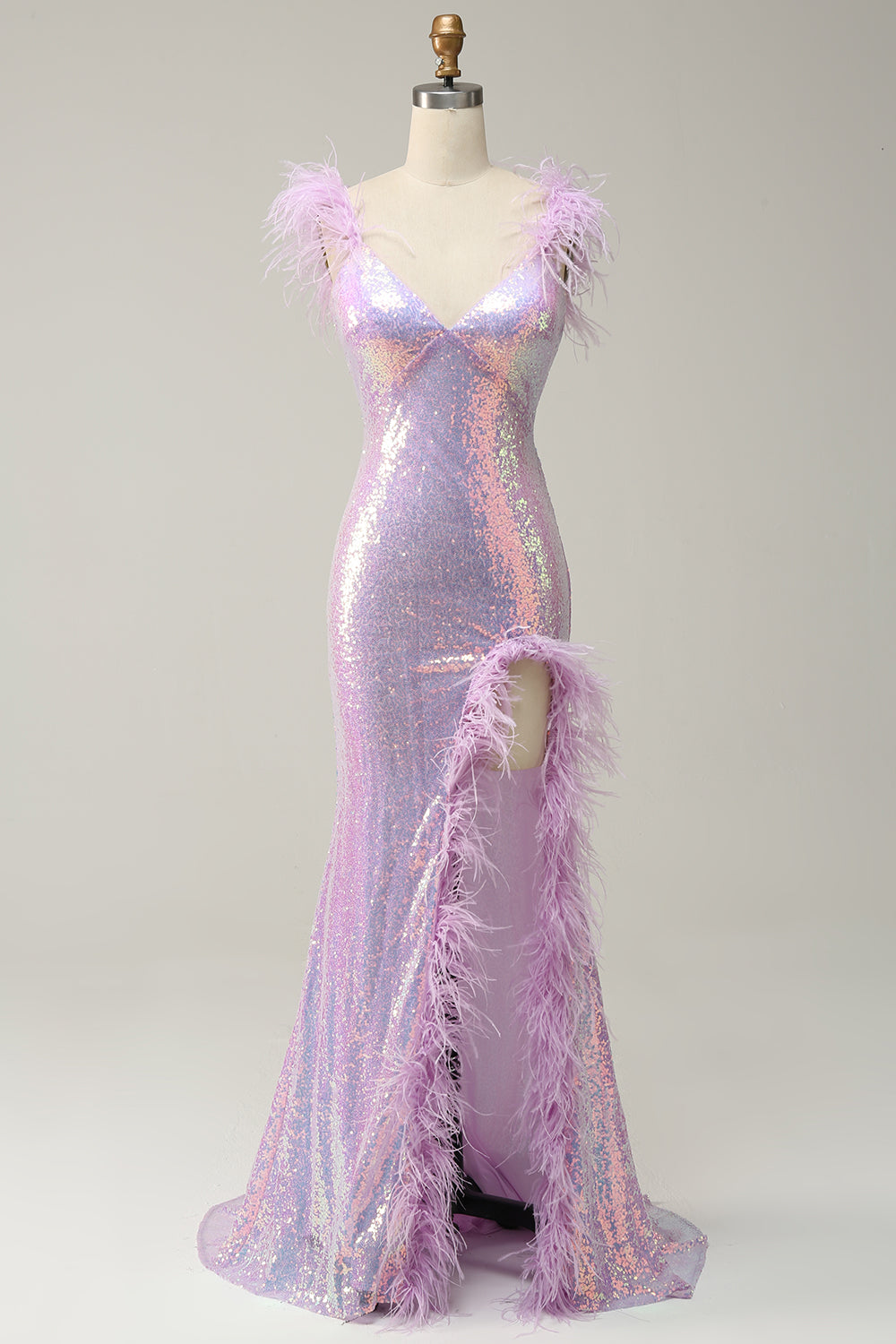 Mermaid Sweetheart Purple Paljetter Long Prom Kjole med fjær
