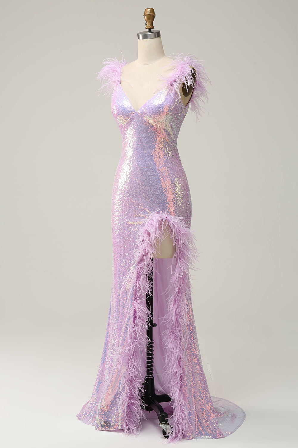Mermaid Sweetheart Purple Paljetter Long Prom Kjole med fjær