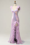Mermaid Sweetheart Purple Paljetter Long Prom Kjole med fjær