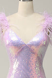 Mermaid Sweetheart Purple Paljetter Long Prom Kjole med fjær