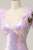 Mermaid Sweetheart Purple Paljetter Long Prom Kjole med fjær