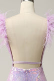 Mermaid Sweetheart Purple Paljetter Long Prom Kjole med fjær