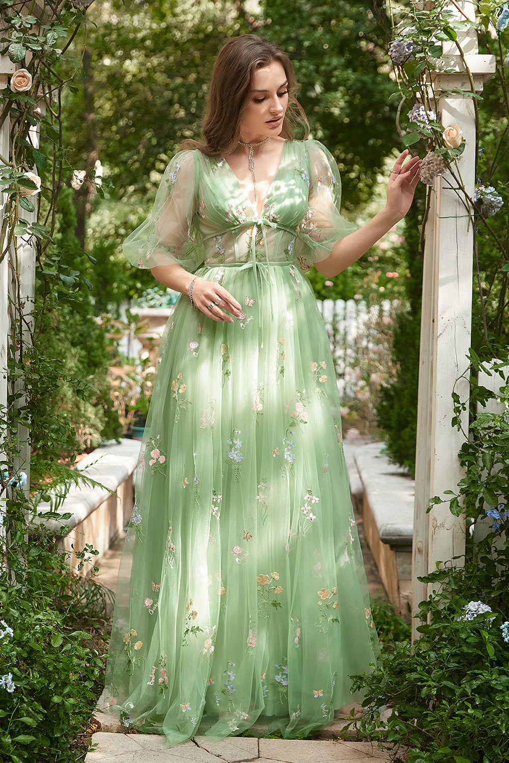 A-Line V-Neck Broderi Lavendel Long Prom Kjole med korte ermer