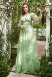 A-Line V-hals broderi Green Long Prom kjole med korte ermer