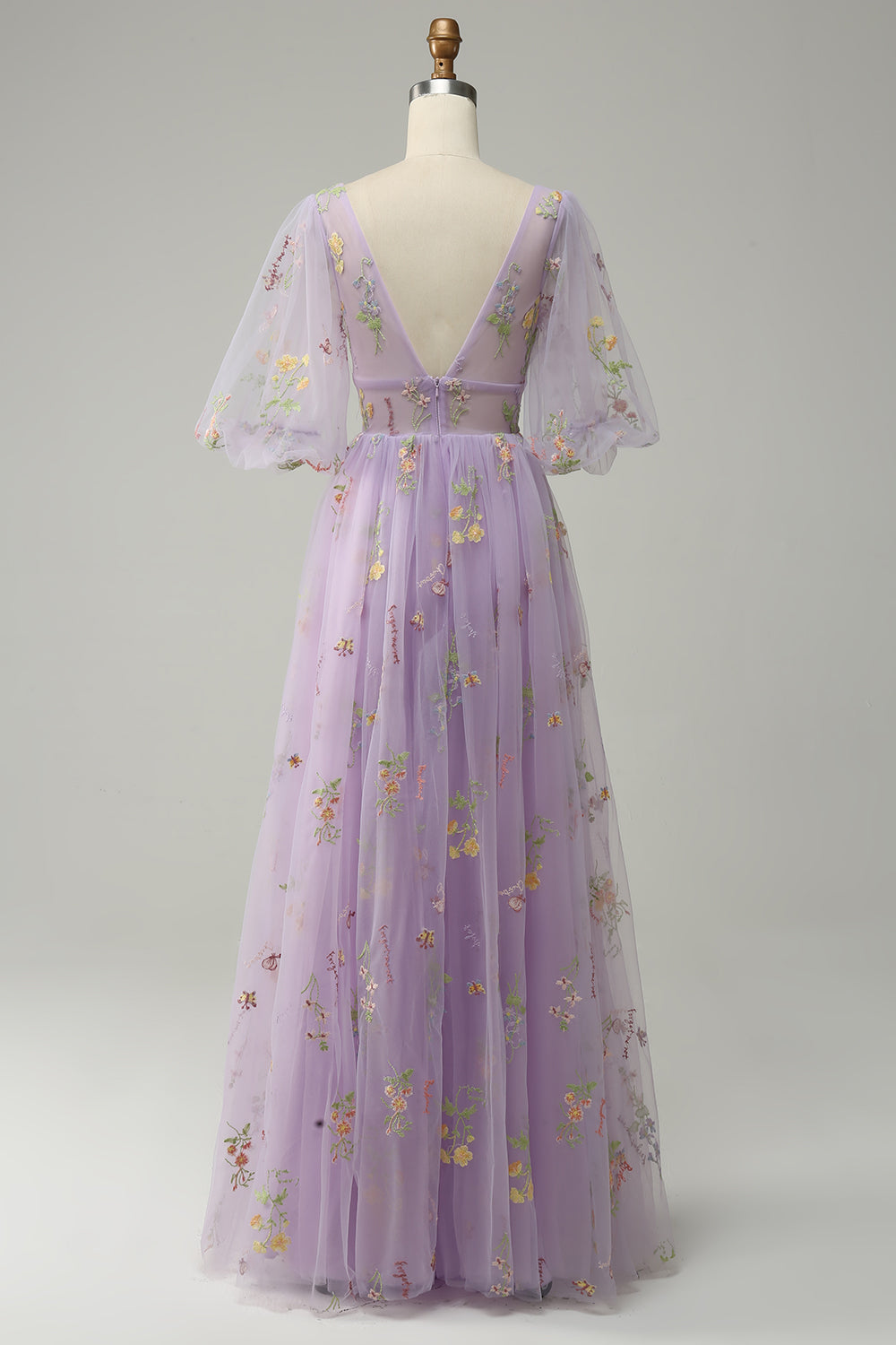 A-Line V-Neck Broderi Lavendel Long Prom Kjole med korte ermer