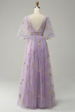 A-Line V-Neck Broderi Lavendel Long Prom Kjole med korte ermer
