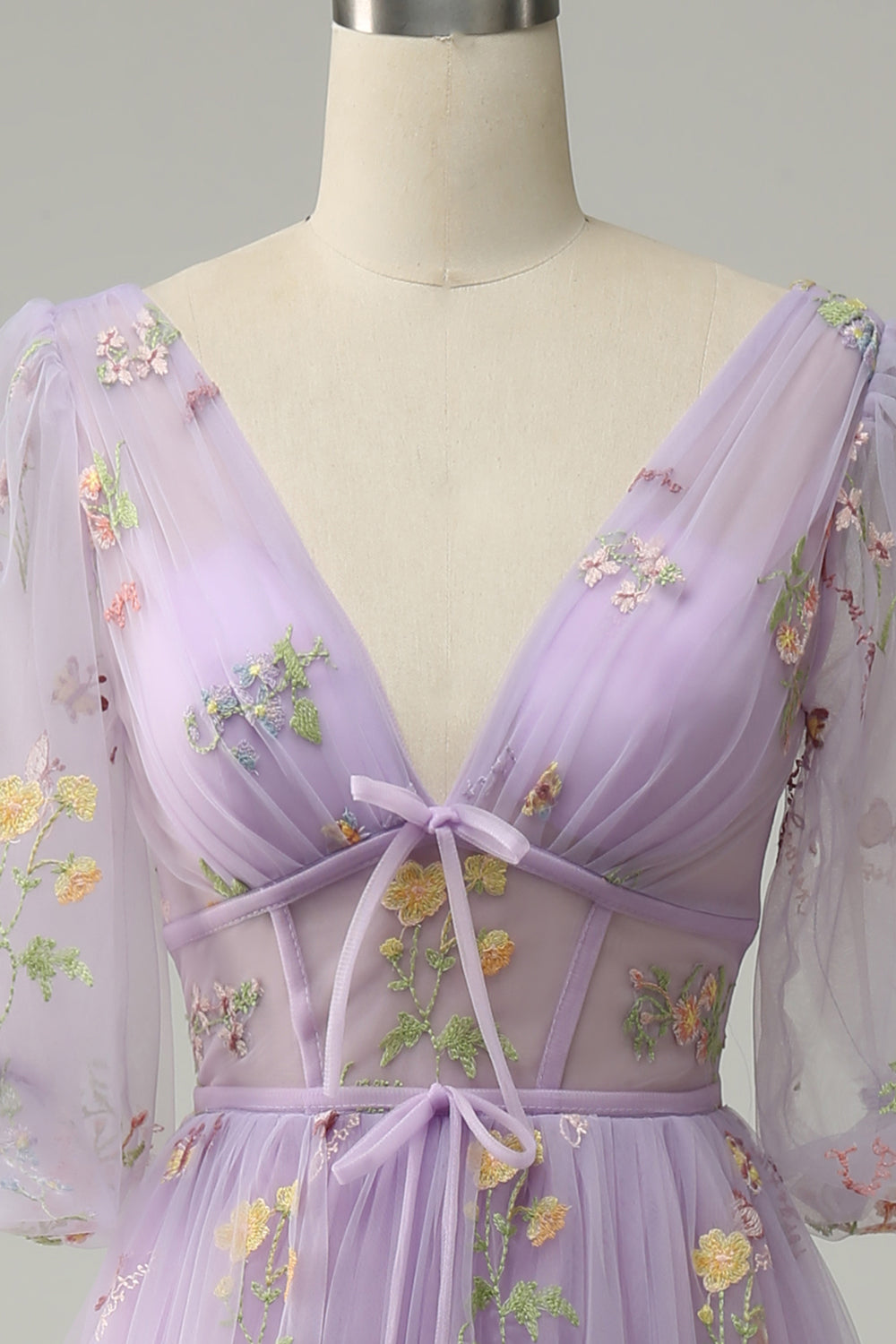 A-Line V-Neck Broderi Lavendel Long Prom Kjole med korte ermer