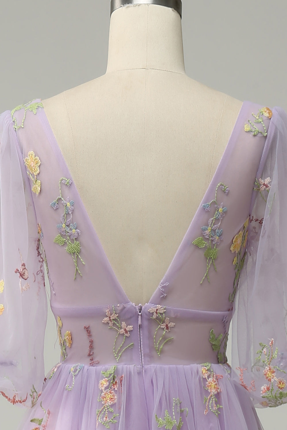 A-Line V-Neck Broderi Lavendel Long Prom Kjole med korte ermer