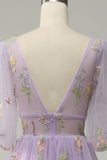 A-Line V-Neck Broderi Lavendel Long Prom Kjole med korte ermer