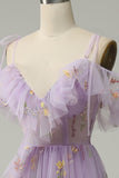 A-Line V-Neck Spaghetti stropper Broderi Lavendel Long Prom Kjole med Slit