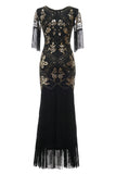V Neck Black Long 1920 Flapper Dress med paljetter og frynser