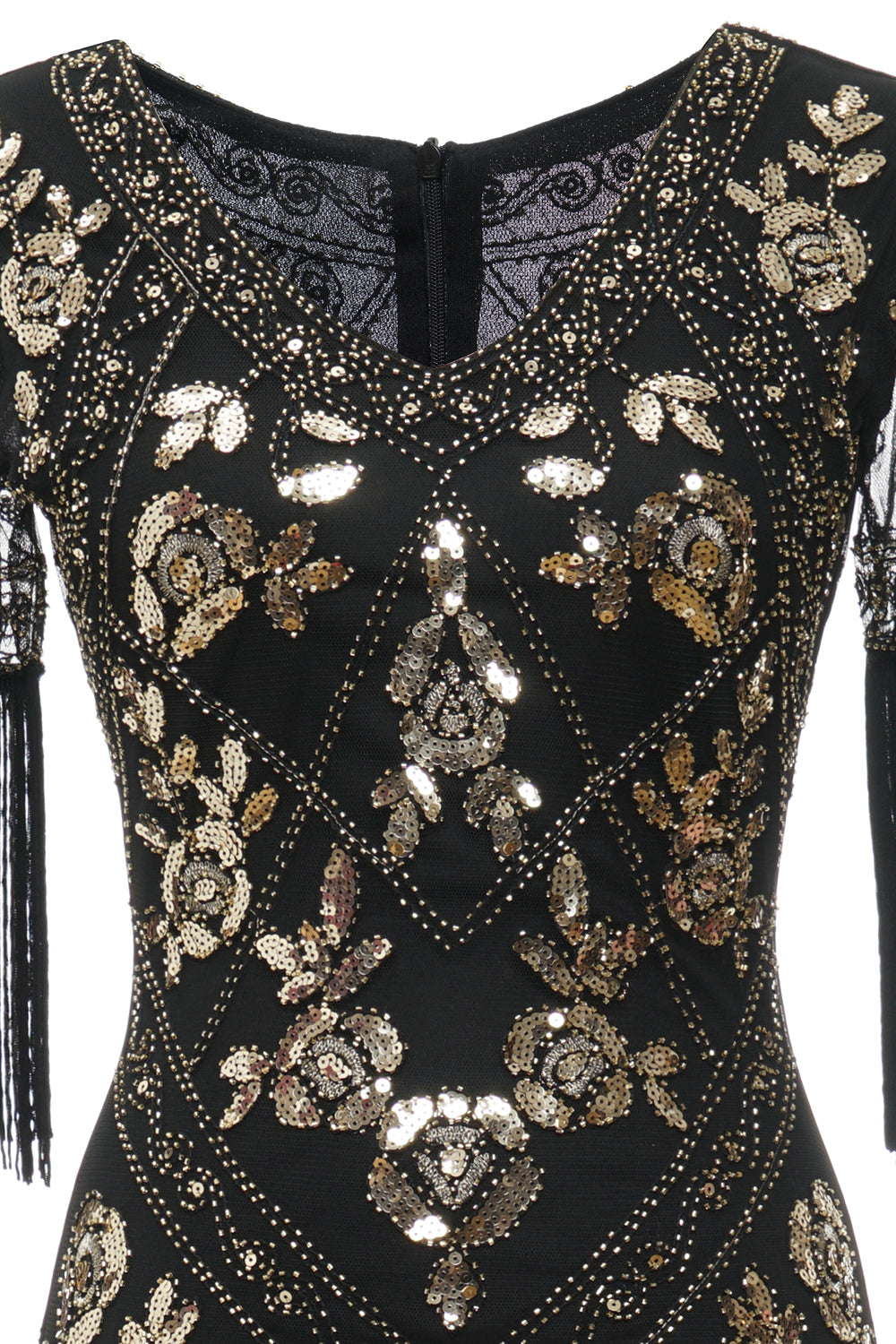 V Neck Black Long 1920 Flapper Dress med paljetter og frynser
