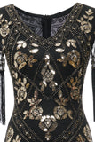 V Neck Black Long 1920 Flapper Dress med paljetter og frynser
