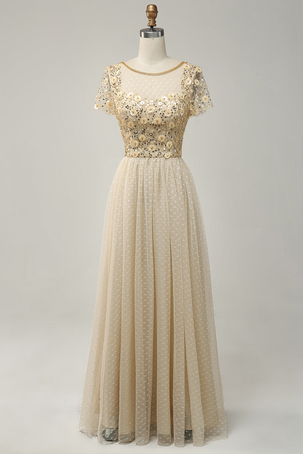 Aprikos Tulle A Line paljetter Prom kjole med Appliques