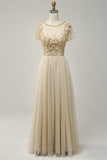 Aprikos Tulle A Line paljetter Prom kjole med Appliques
