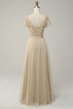 Aprikos Tulle A Line paljetter Prom kjole med Appliques