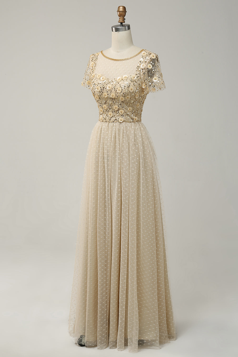 Aprikos Tulle A Line paljetter Prom kjole med Appliques