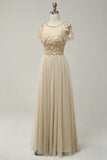 Aprikos Tulle A Line paljetter Prom kjole med Appliques