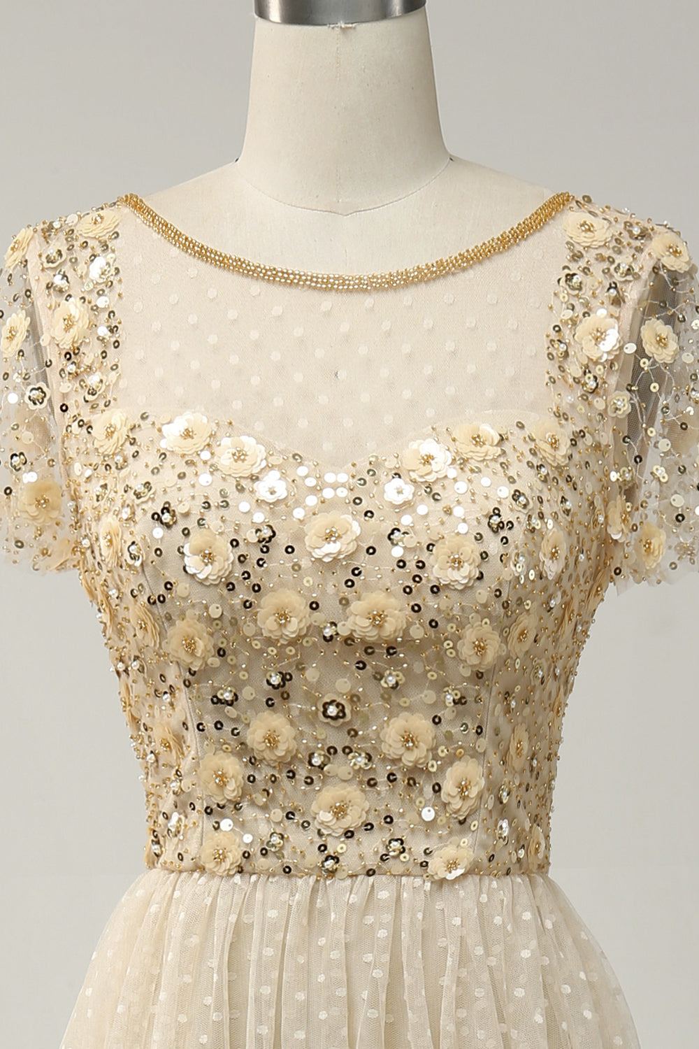 Aprikos Tulle A Line paljetter Prom kjole med Appliques