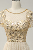 Aprikos Tulle A Line paljetter Prom kjole med Appliques
