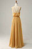 A Line Halter Yellow Long Bridesmaid Dress med Bowknot