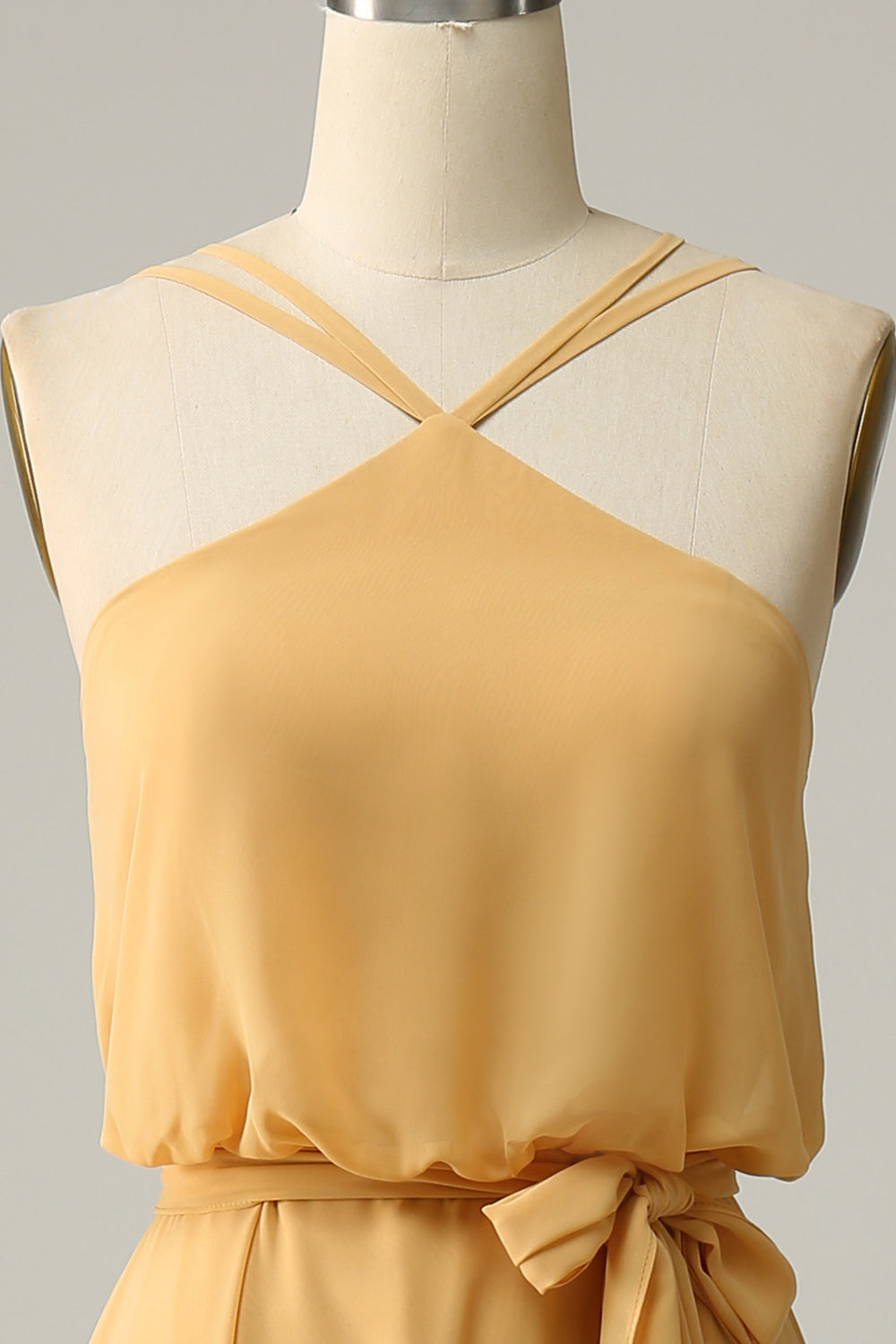 A Line Halter Yellow Long Bridesmaid Dress med Bowknot