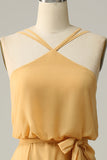A Line Halter Yellow Long Bridesmaid Dress med Bowknot