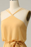 A Line Halter Yellow Long Bridesmaid Dress med Bowknot
