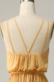 A Line Halter Yellow Long Bridesmaid Dress med Bowknot