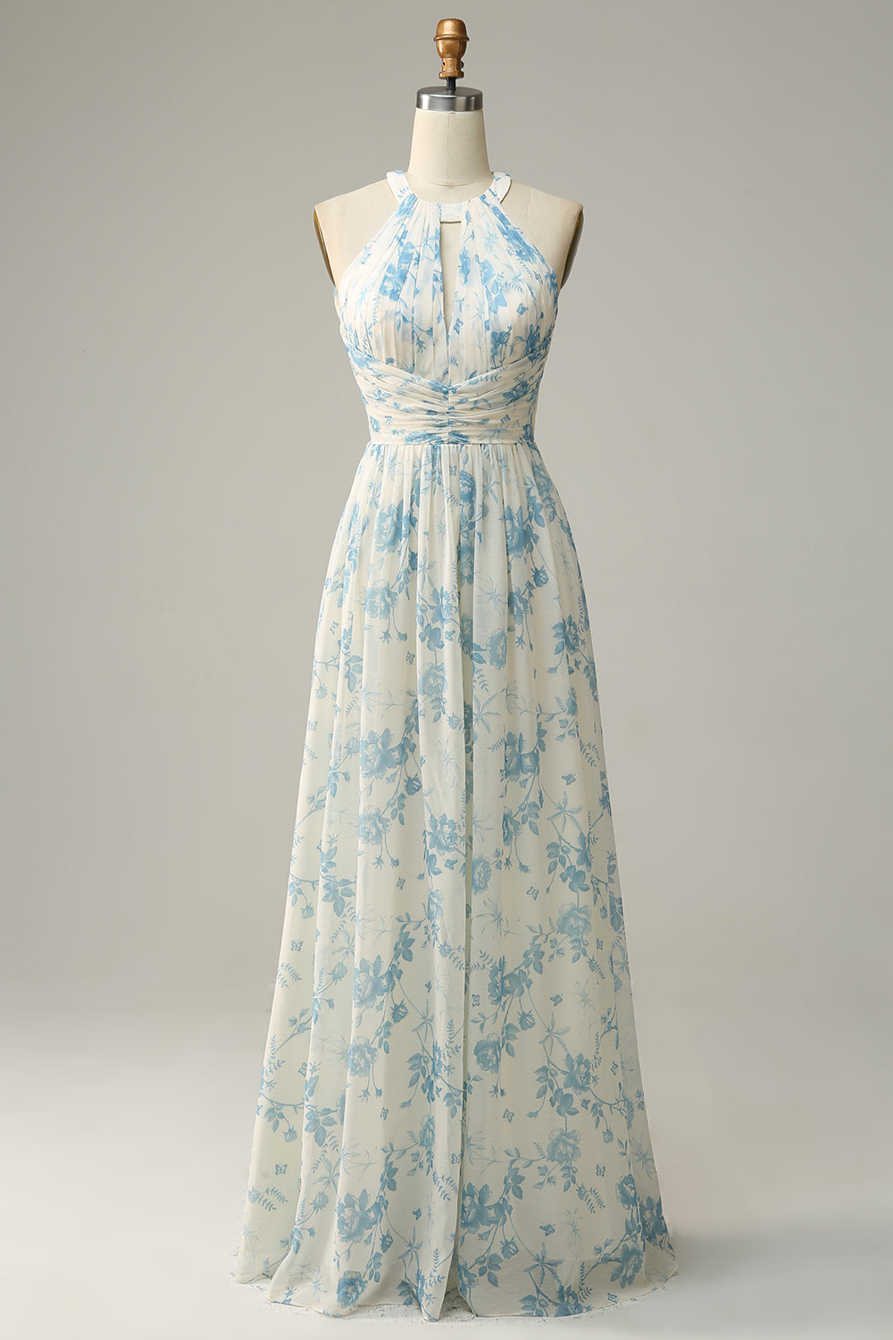 Blå Floral Boho Long Chiffon brudepike kjole