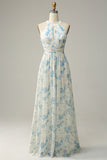Blå Floral Boho Long Chiffon brudepike kjole