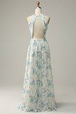 Blå Floral Boho Long Chiffon brudepike kjole