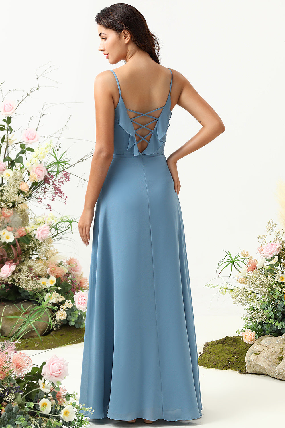 A Line Spaghetti stropper grå blå lang brudepike kjole med Criss Cross Back