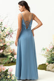 A Line Spaghetti stropper grå blå lang brudepike kjole med Criss Cross Back