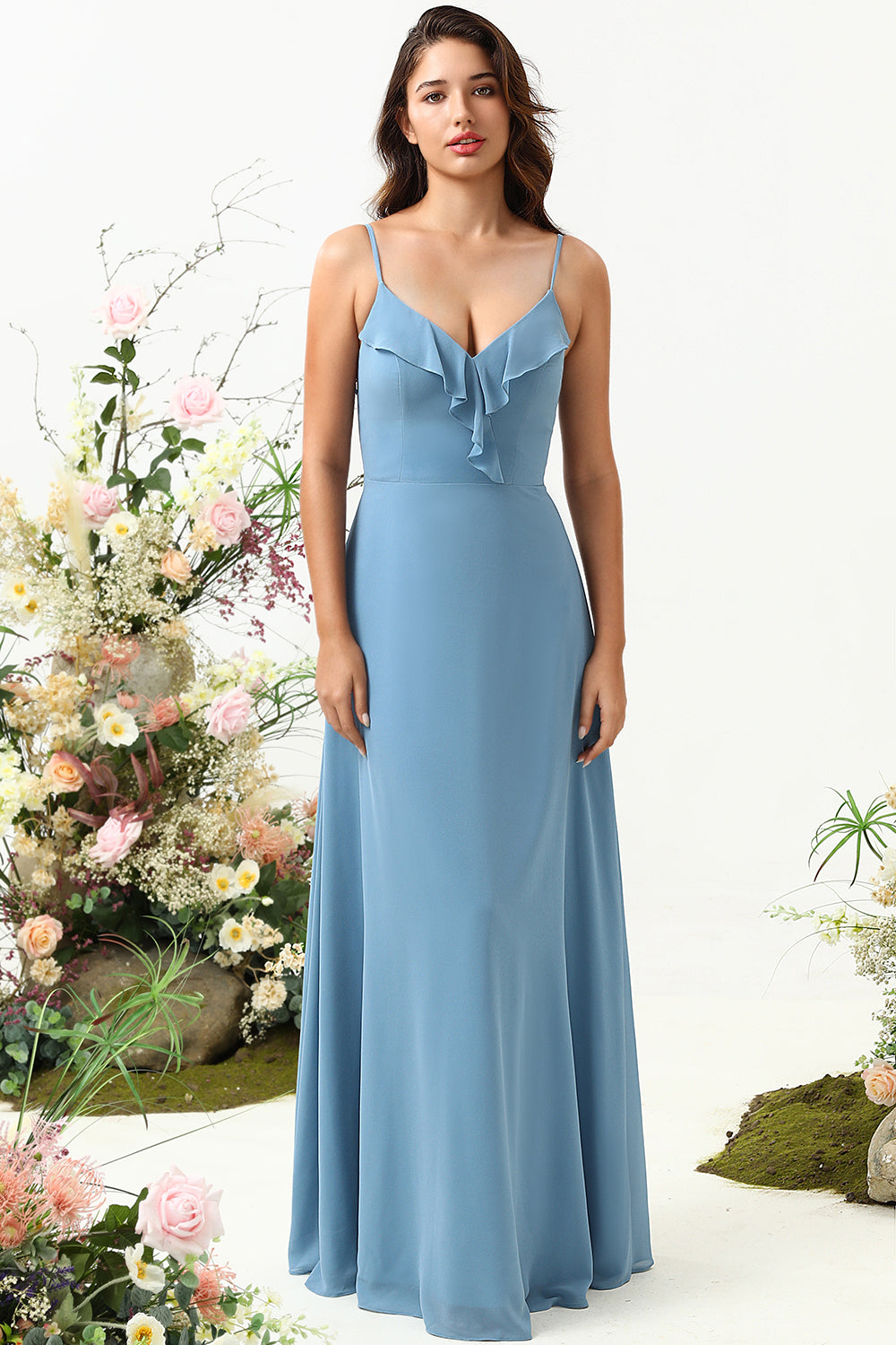 A Line Spaghetti stropper grå blå lang brudepike kjole med Criss Cross Back
