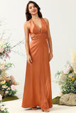 A Line Halter Neck Copper Long Bridesmaid Dress med Criss Cross Back