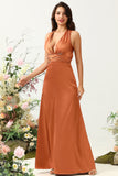 A Line Halter Neck Copper Long Bridesmaid Dress med Criss Cross Back